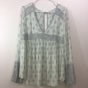 Free People Mint Green V-Neck Floral Top